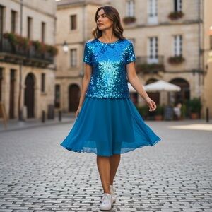 Vintage Modi Blue Sequin Women's Top & Skirt Set